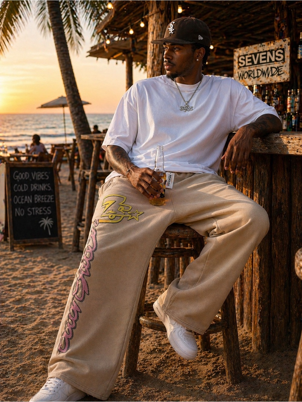 Seven7 ‘Beachside’ Beige Graphic Wide-Leg Pants with Yellow & Pink Accents